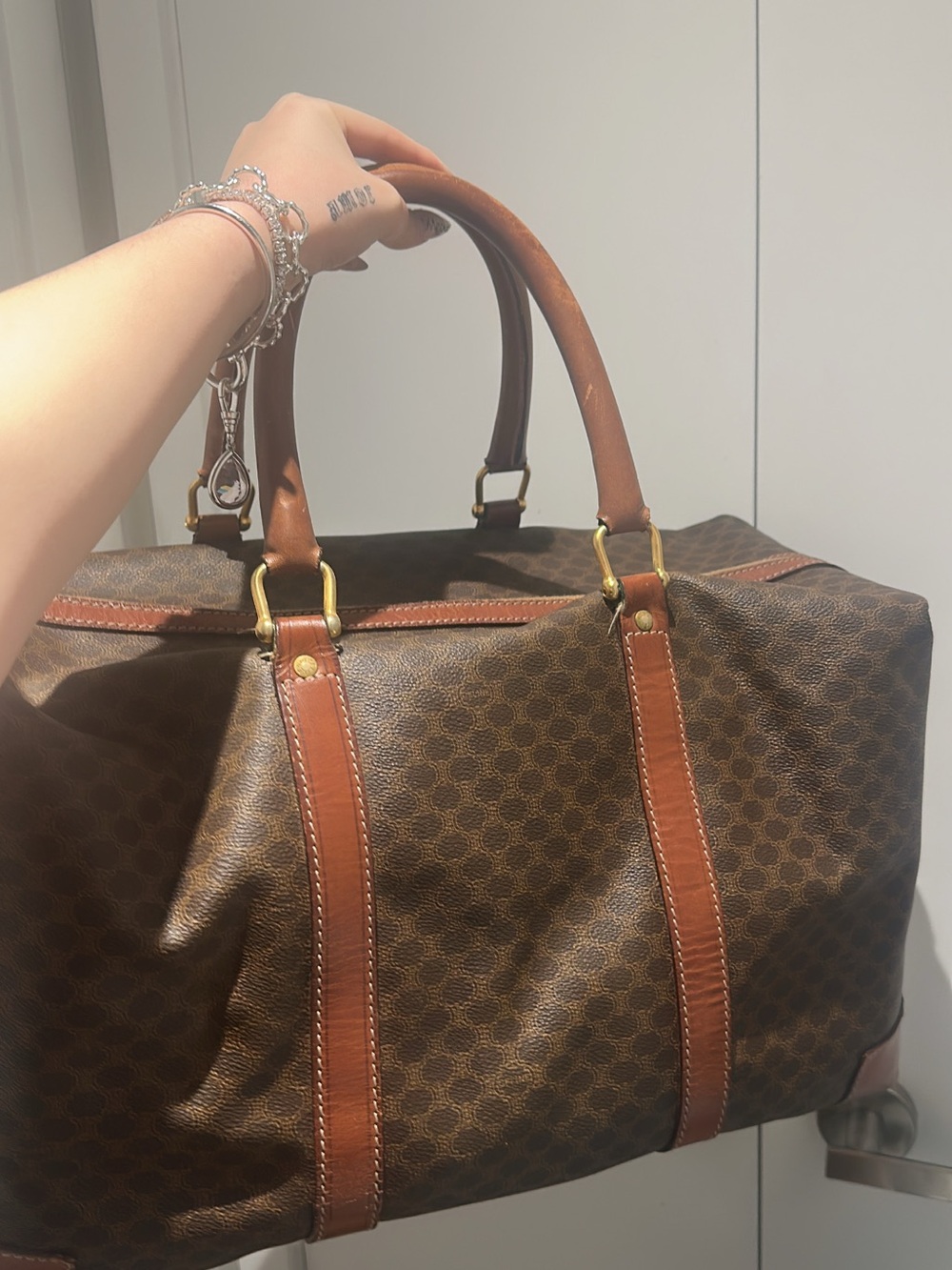 Celine Brown Monogram Duffel Bag with Tan Leather Trim